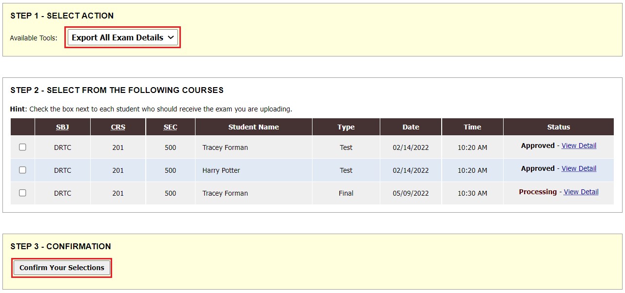 Screenshot: Export Exam Details