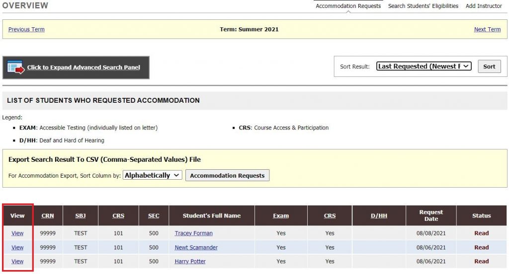Screenshot: Instructor Overview with View Link highlighted