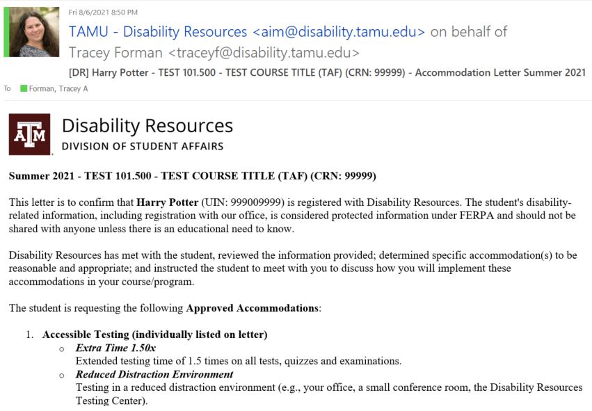 Screenshot: Sample Faculty Notification Email