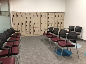 Testing Center Lobby with lockers and chairs