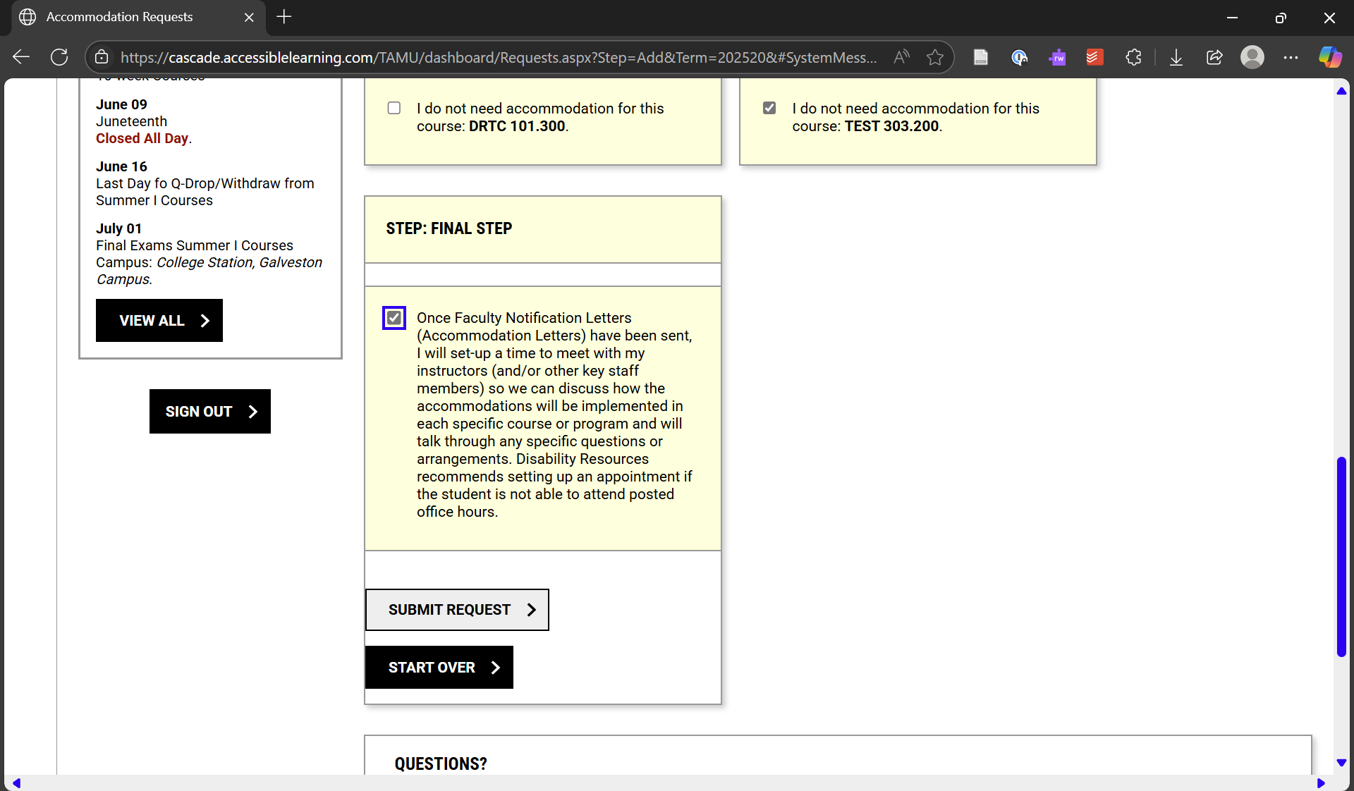 A screen shot of the Final Step section in the AIM5 accommodations request process where the student is asked to acknowledge terms and then click the Submit Request button.