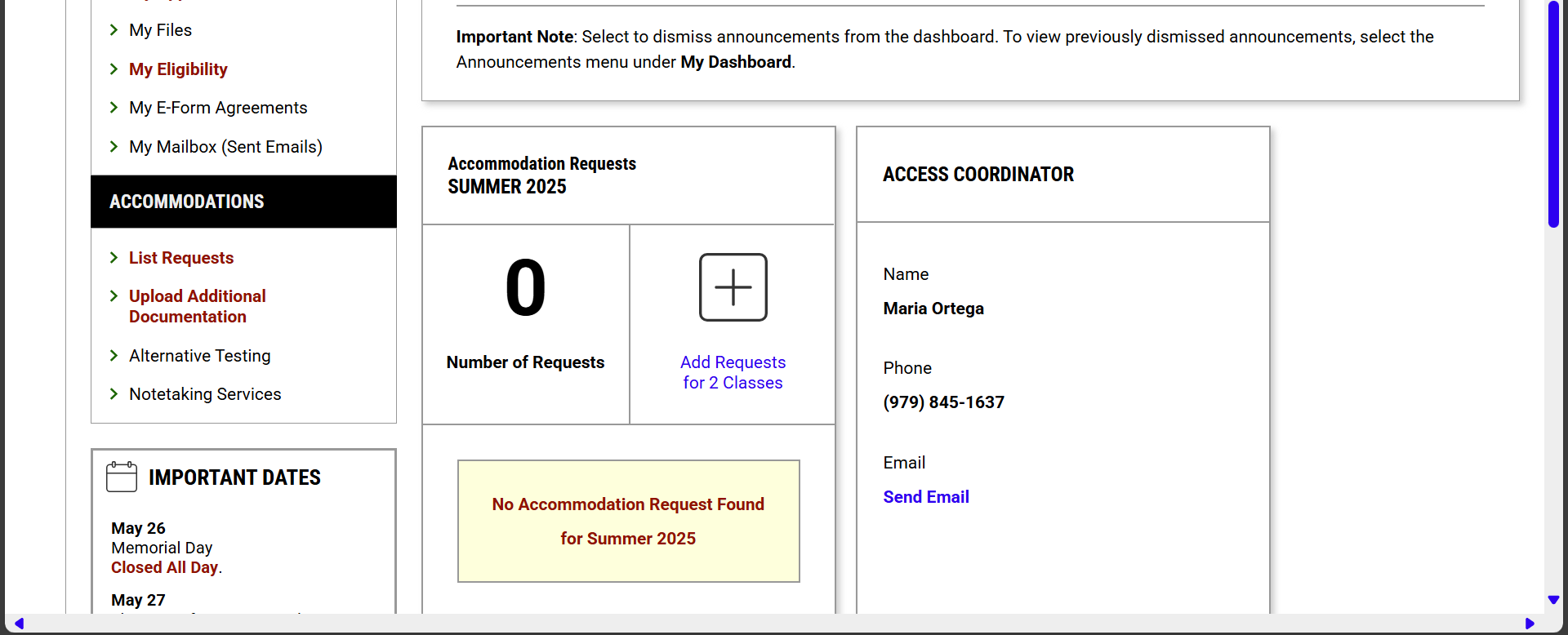 A screen shot of the Accommodations Request section on the AIM 5 My Dashboard page. The view shows the option to Add Request for 2 Classes.