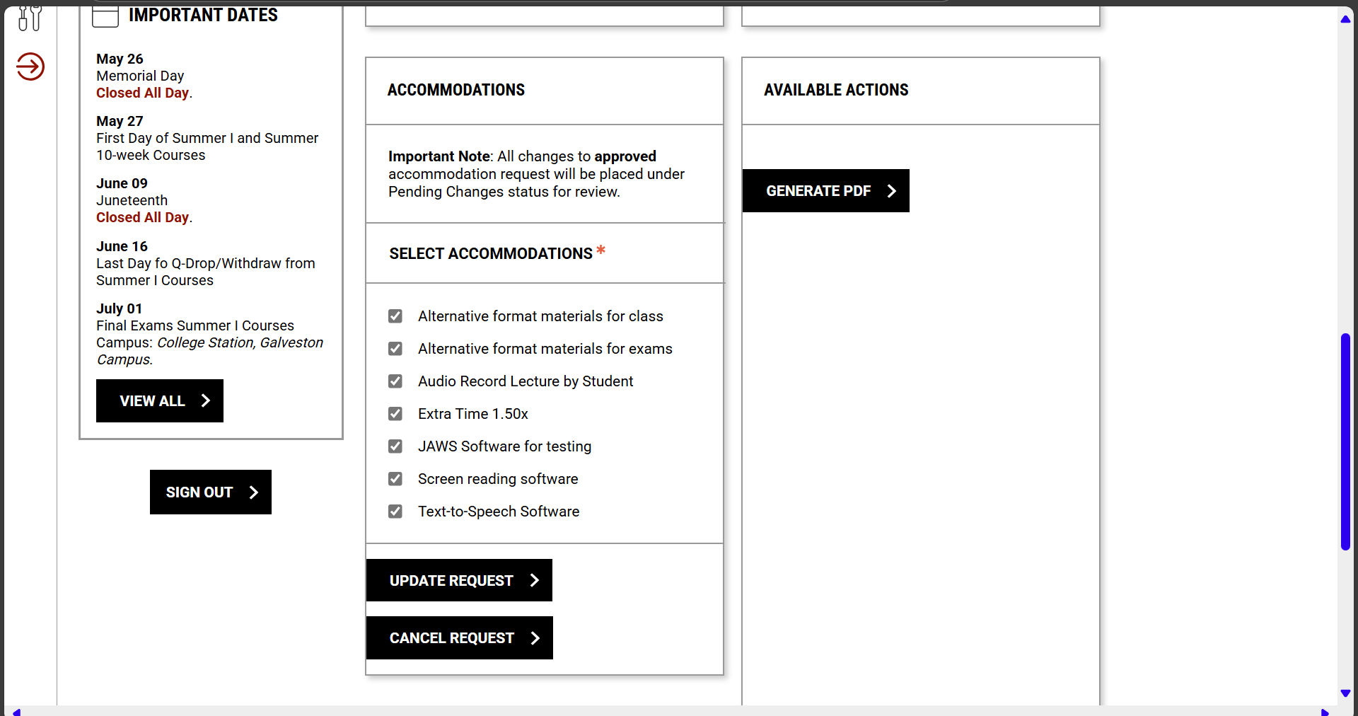 A screen shot shows options to modify accommodations, cancel an accommodations request or generate a PDF copy of the request.