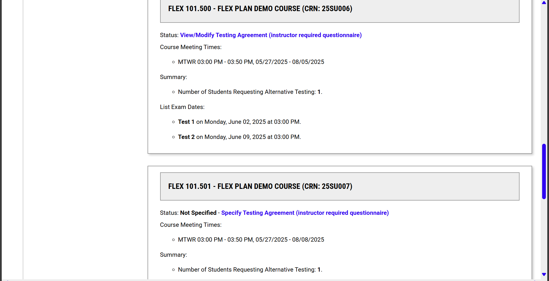 Testing agreement screen shows two FLEX courses with one section which has a completed testing agreement and the other has not been specified.