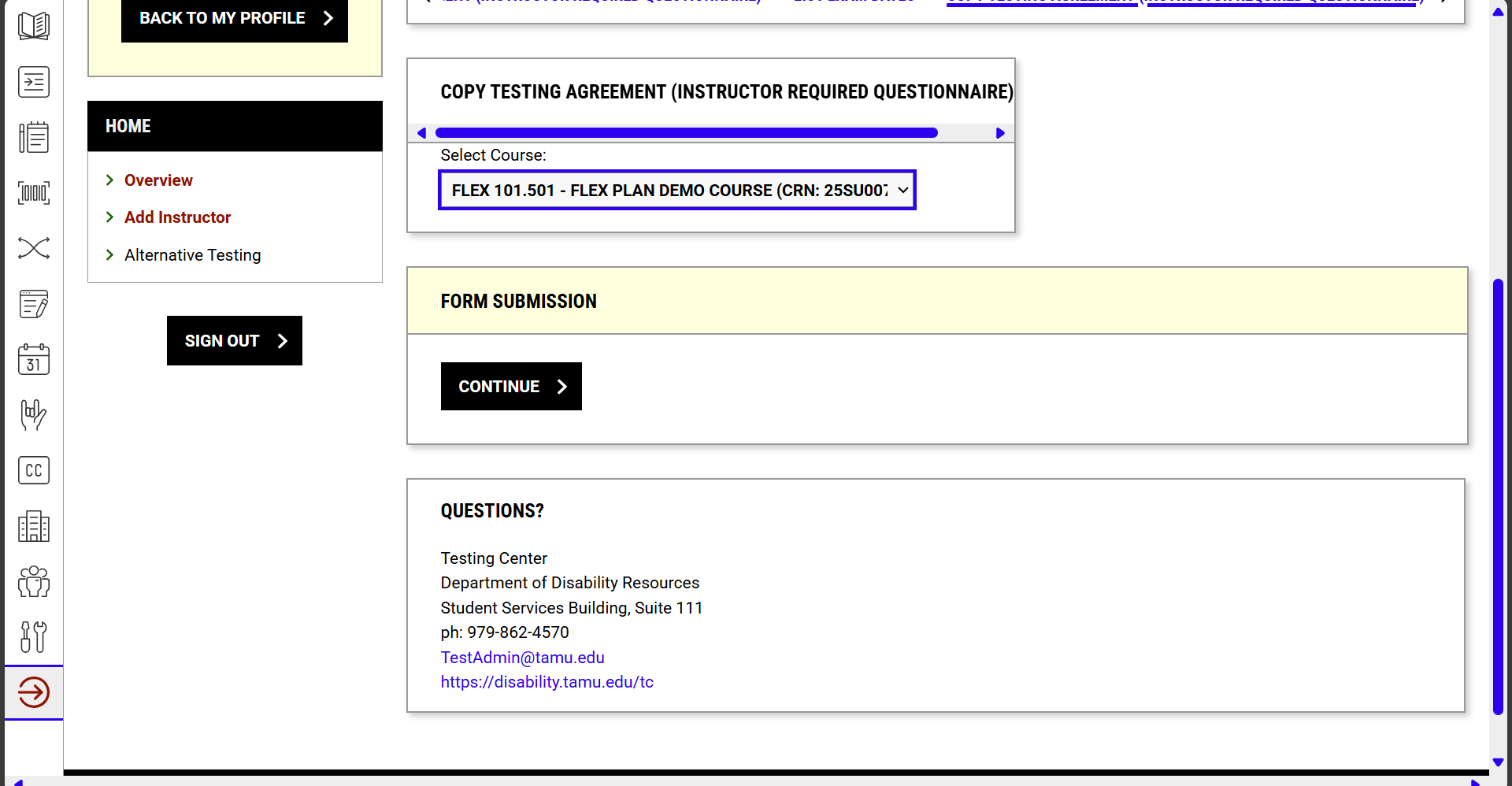 A screen shot shows a drop-down menu to apply a copied testing agreement to another section of the same course.