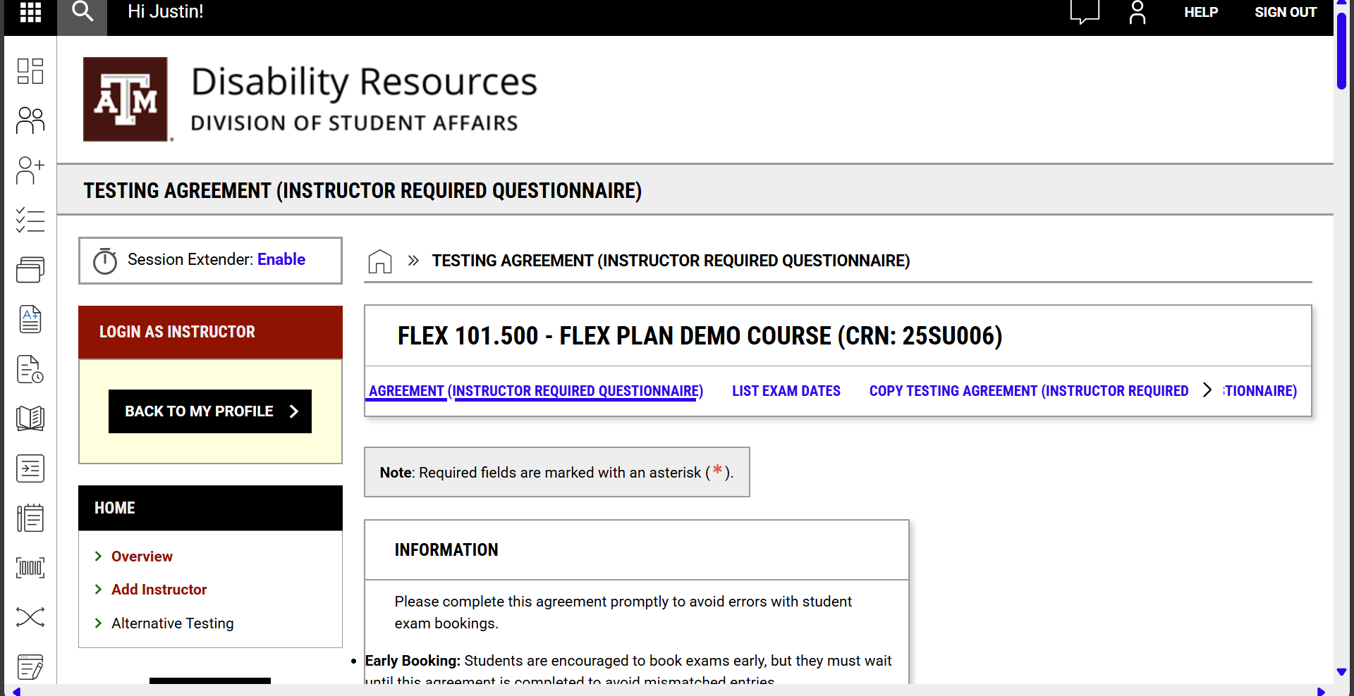 A testing agreement with a Copy Testing Agreement link at the top of the main screen.