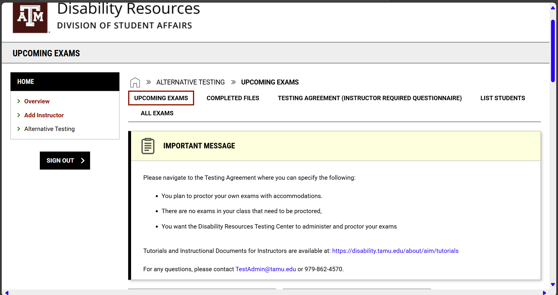 The Alternative Testing dashboard with the Testing Agreement (Required Instructor Questionnaire) link in the horizontal menu at the top of the page.