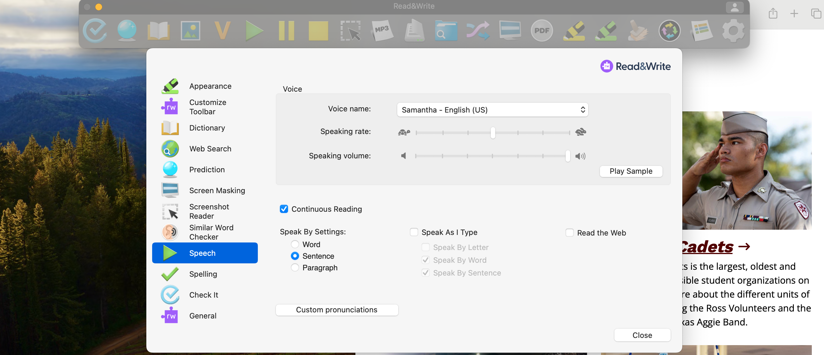 A screen shot of the setting page on the category "Speech" displaying voice name, voice speed, and volume