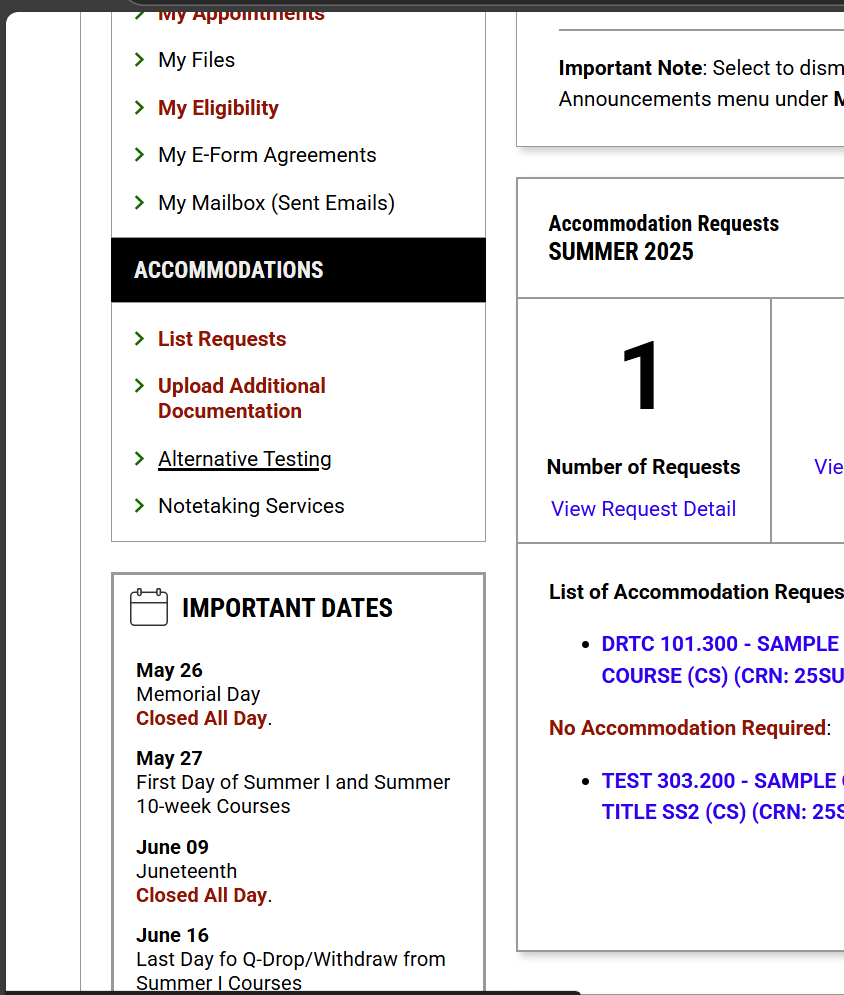 A screen shot of the Accommodations box on the left-hand side of the My Dashboard page in AIM 5. The mouse cursor points to the Alternative Testing link.
