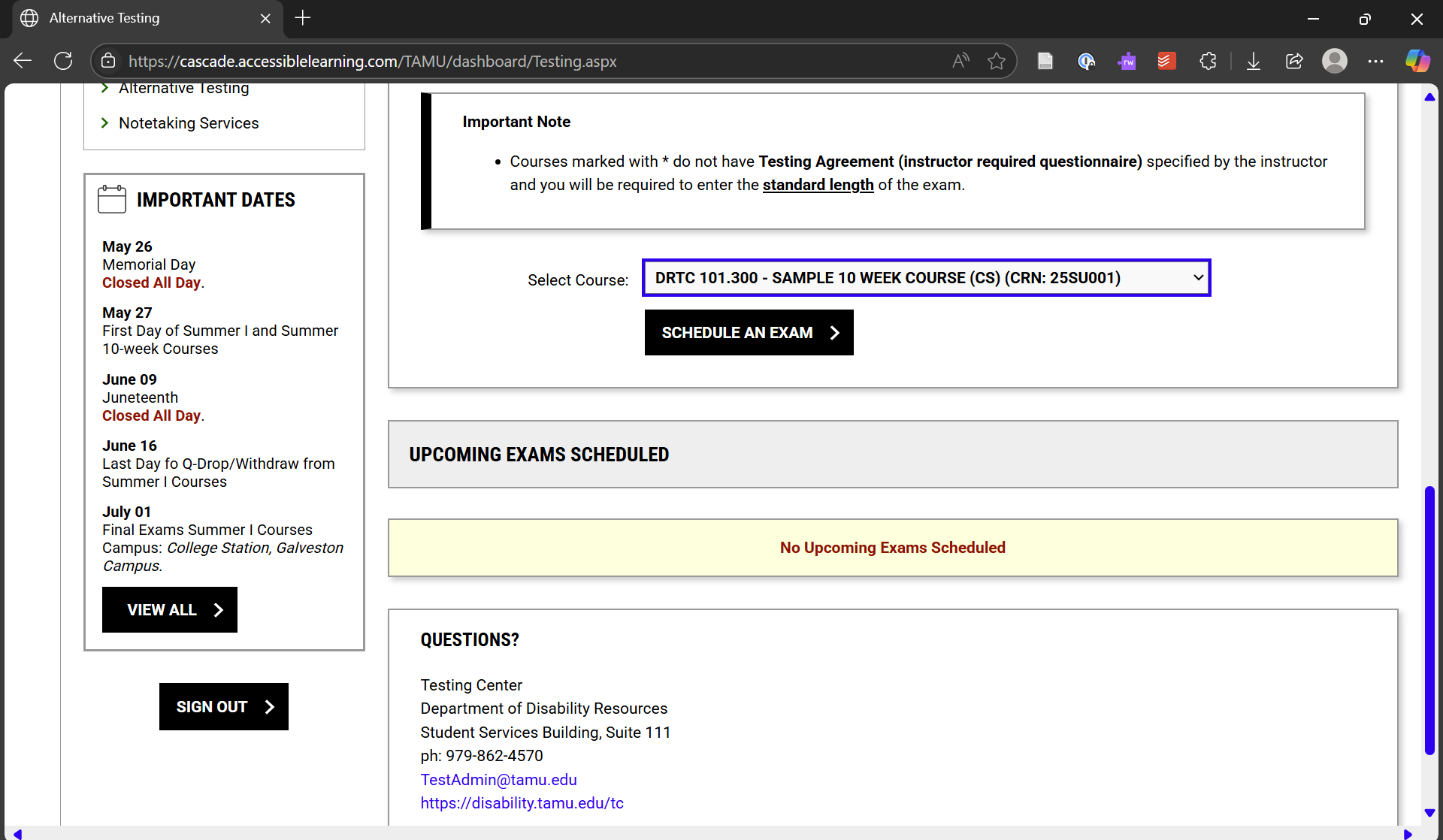 A screen shot of the Schedule an Exam page with an option to select a course from a drop down menu.