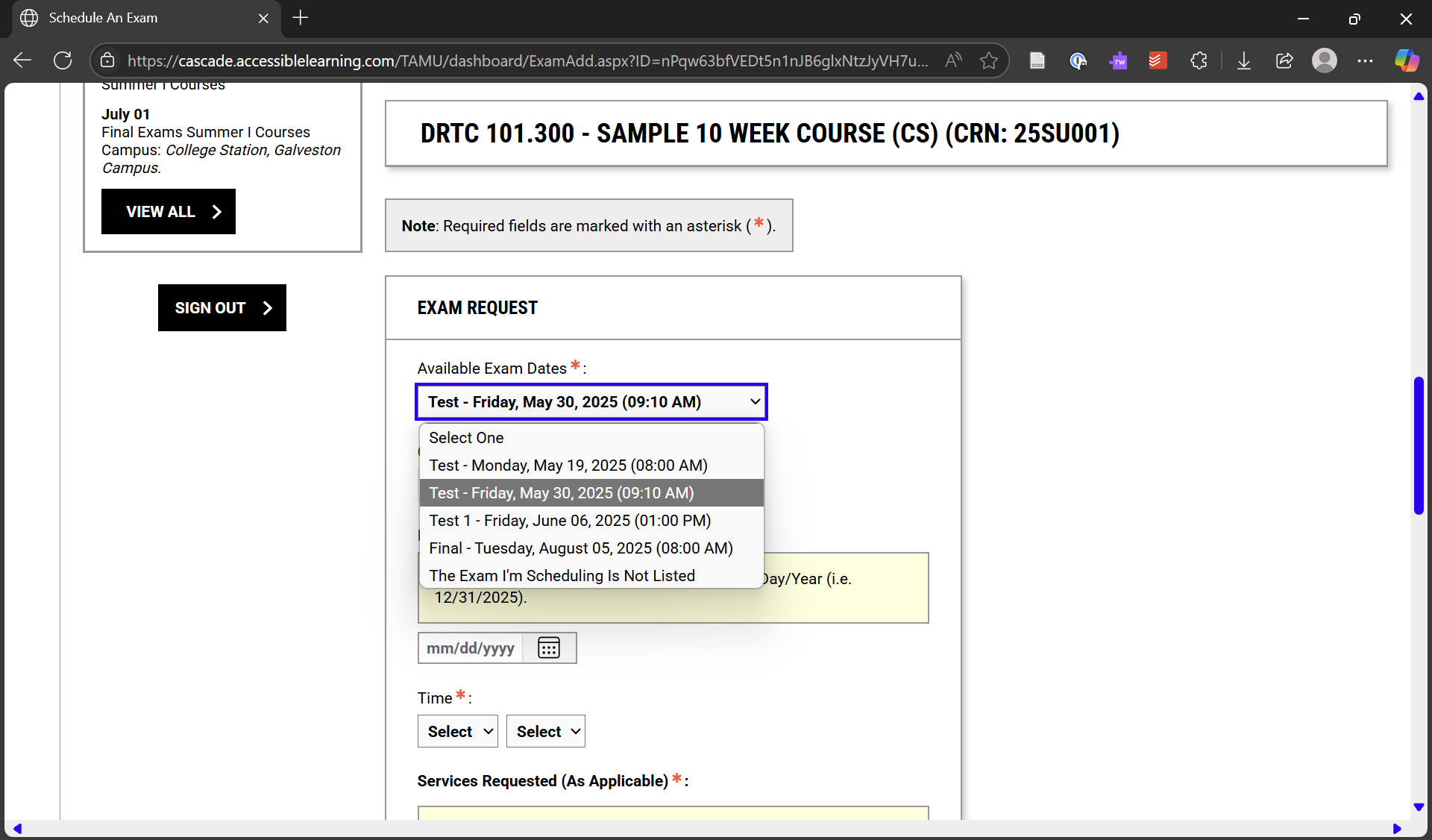 A screen shot of the Exam Request section with a pre-determined exam date selected in the Available Exam Dates drop down menu.