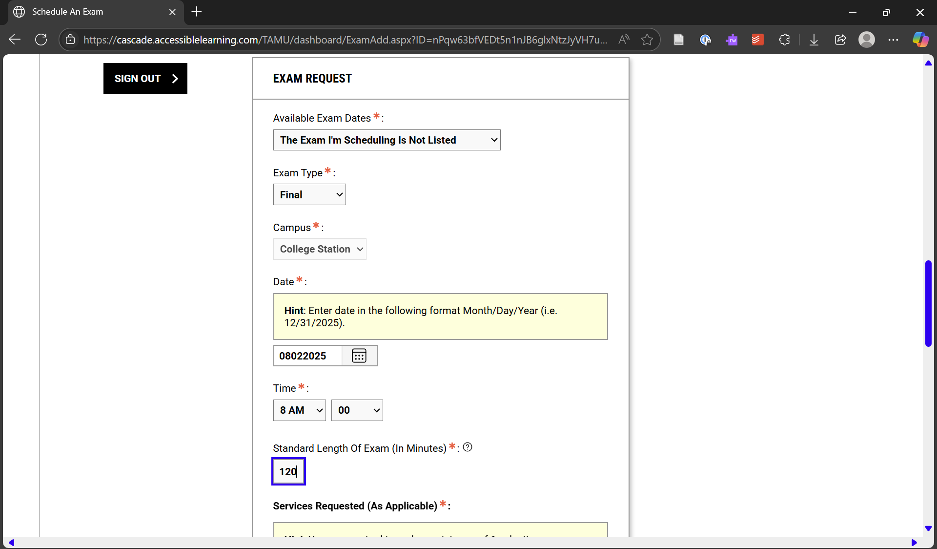 A screen shot of the custom fields available when selecting that the exam date is not shown in the Available Exam Dates drop down menu.
