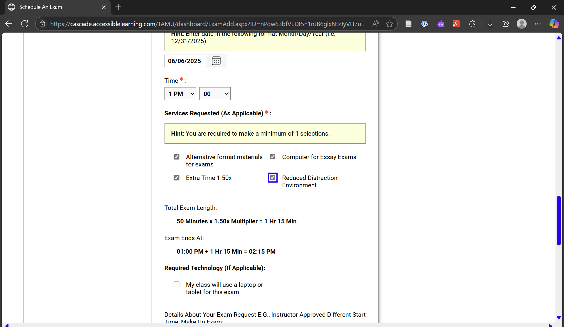 A screen shot of the Services Requested and a list of available accommodations.
