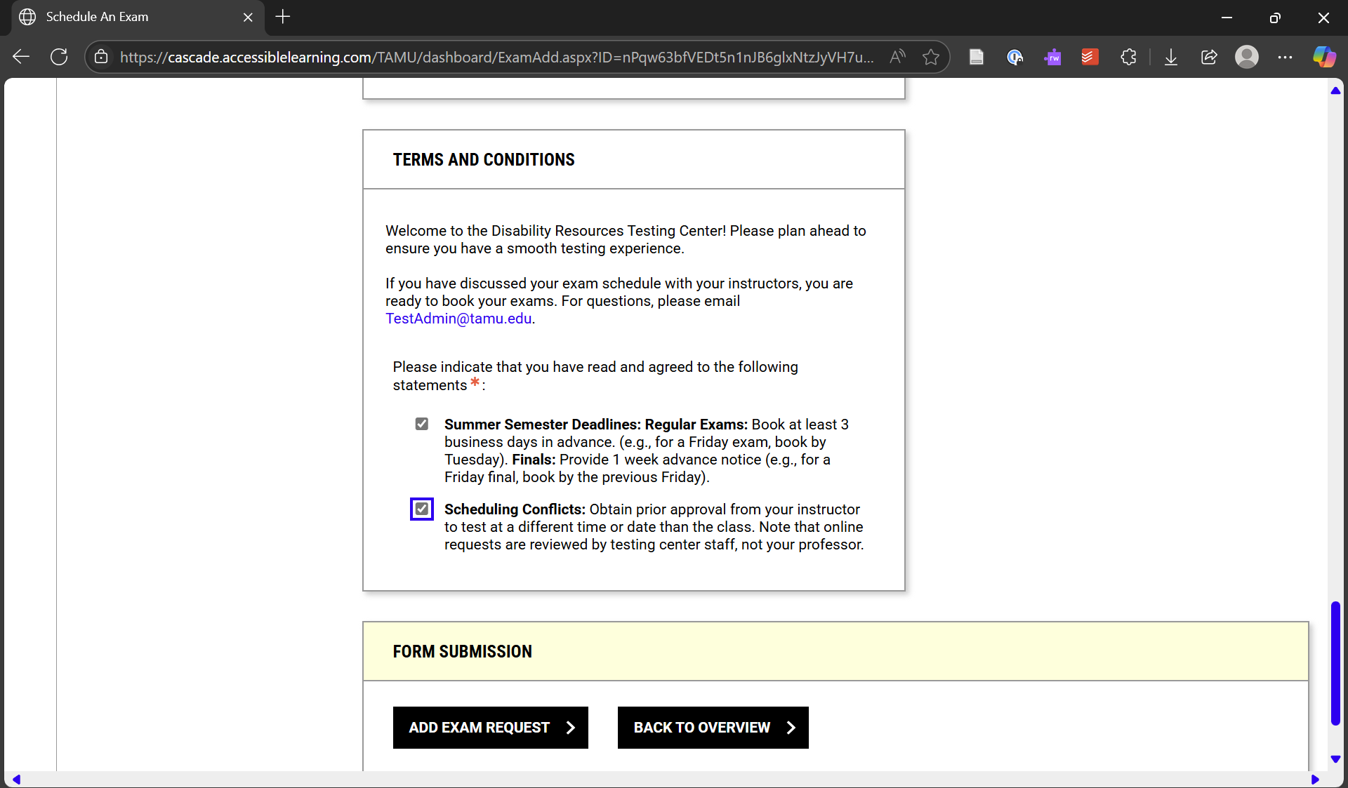A screen shot of the Terms and Conditions acknowledgment checkboxes and the button to submit the exam request.