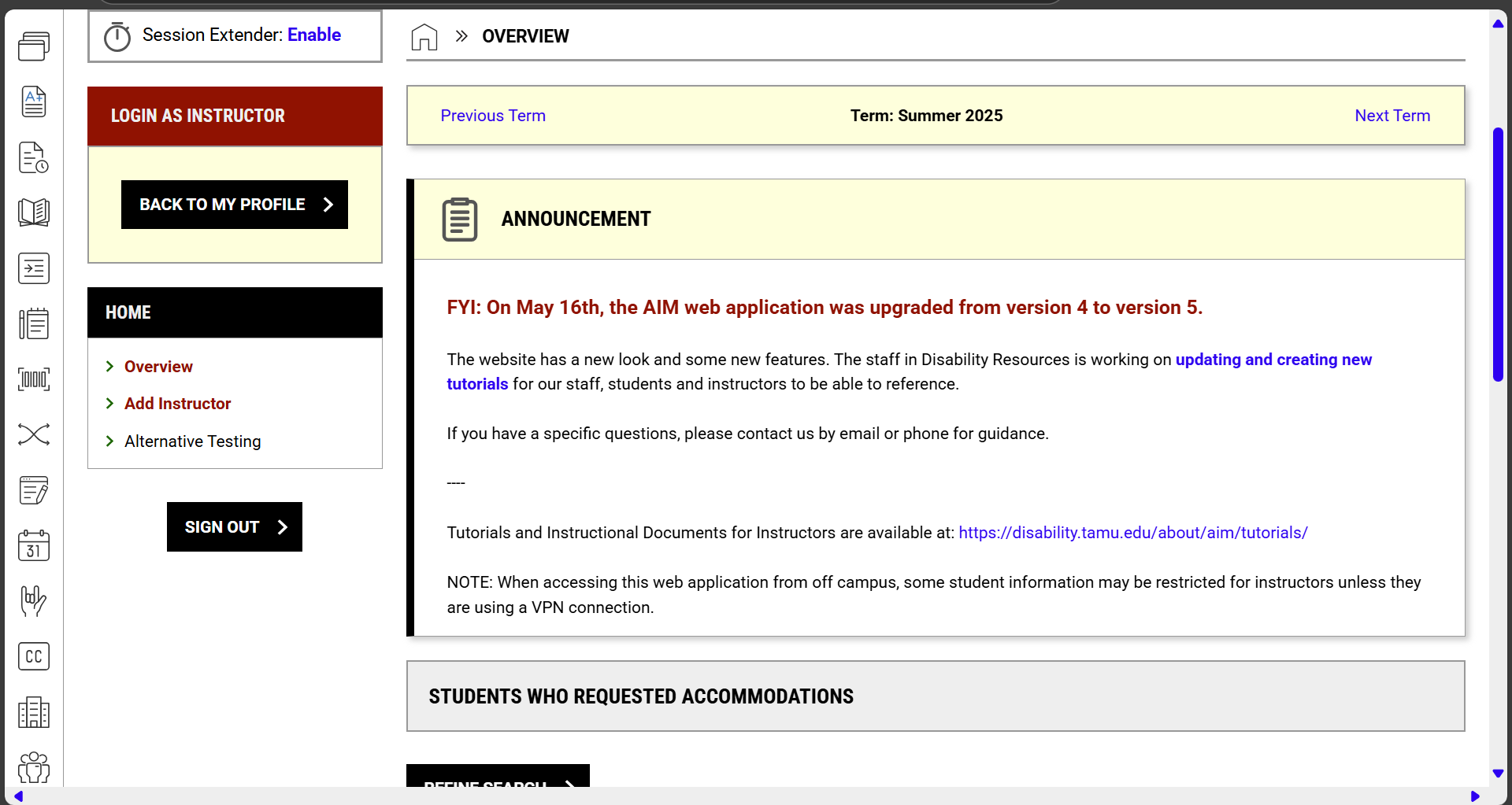 A screen shot displays an Instructor Portal dashboard with the Alternative Testing link in the left-hand menu.
