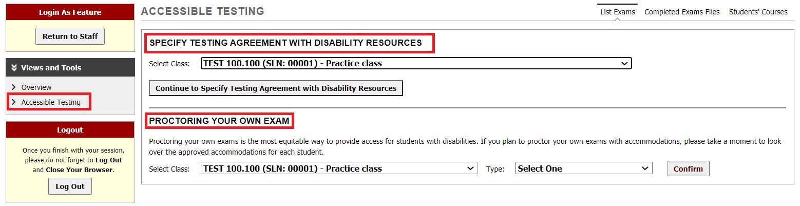 Screenshot: Instructor Accessible Testing page