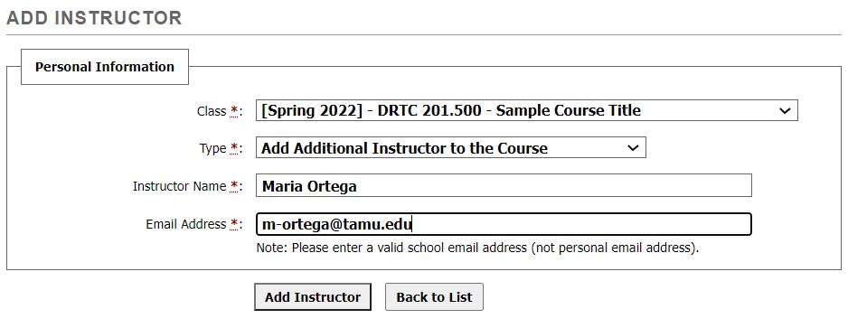 Screenshot: Add Instructor form