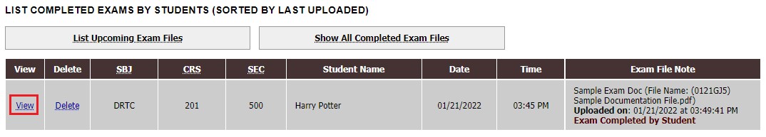 Screenshot: View Completed Exam link