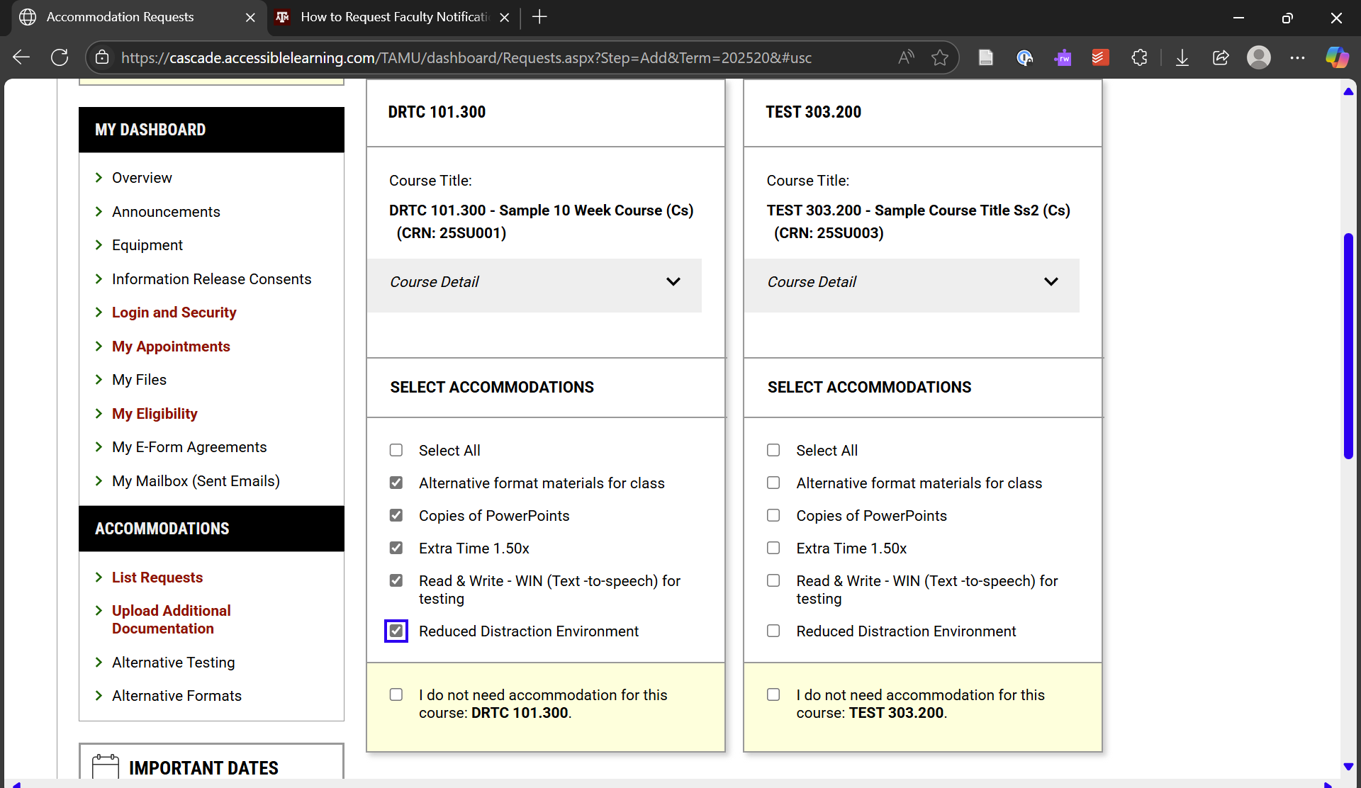 A screen shot of the Select Accommodations step with various accommodations to choose and a Select All option at the top of the list.