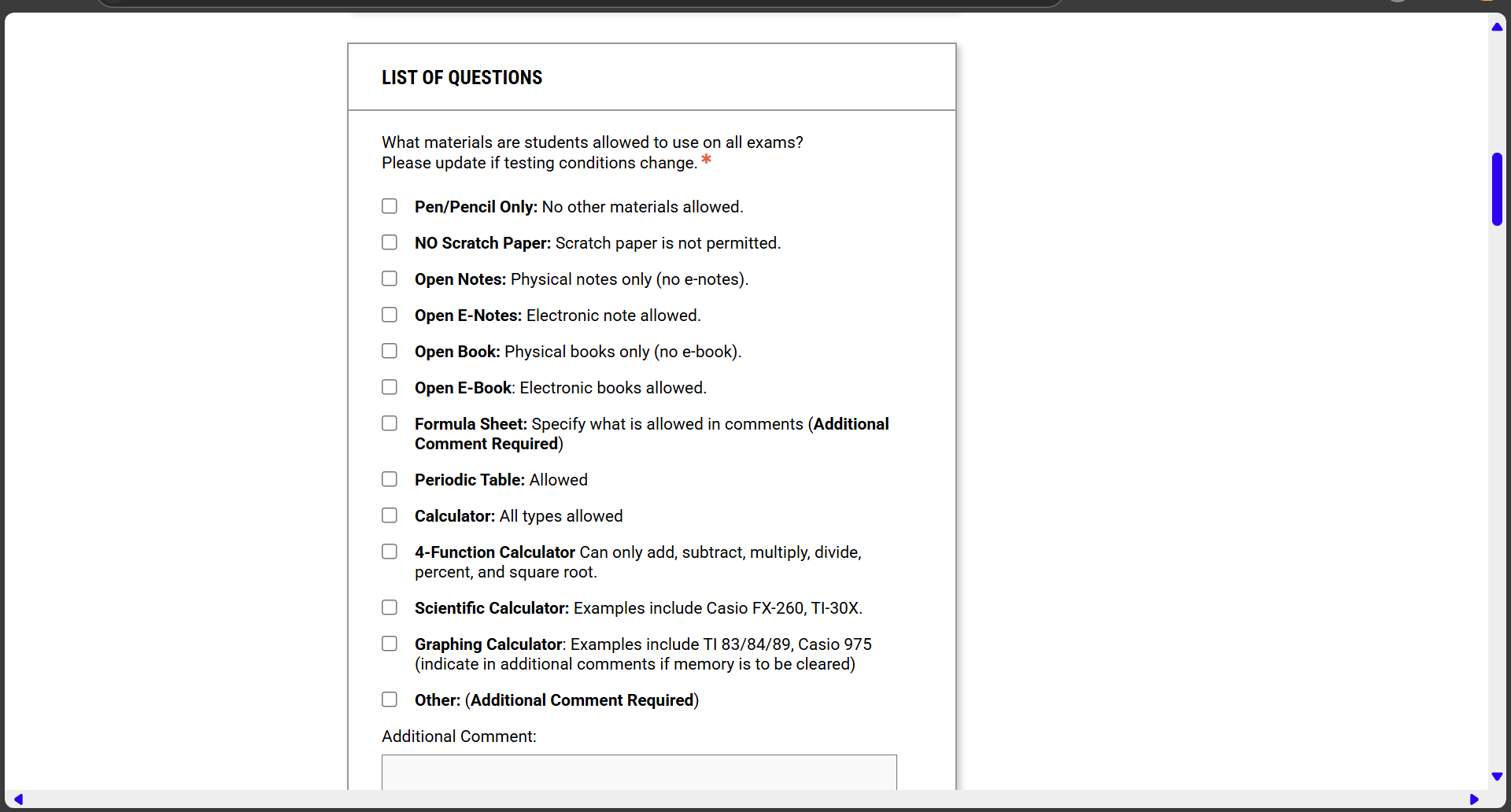 The testing agreement shows options for the types of materials and exam administration preferences available when using the Testing Center to administer accommodated exams.