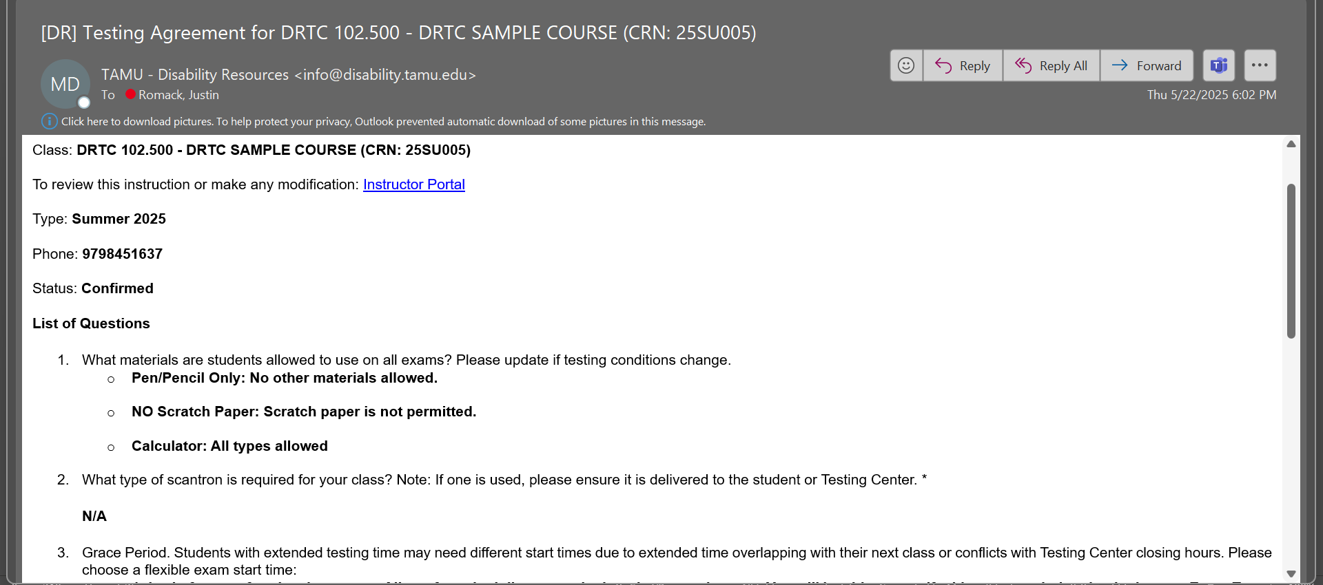 A confirmation email regarding a testing agreement for the DRTC 102 sample course.