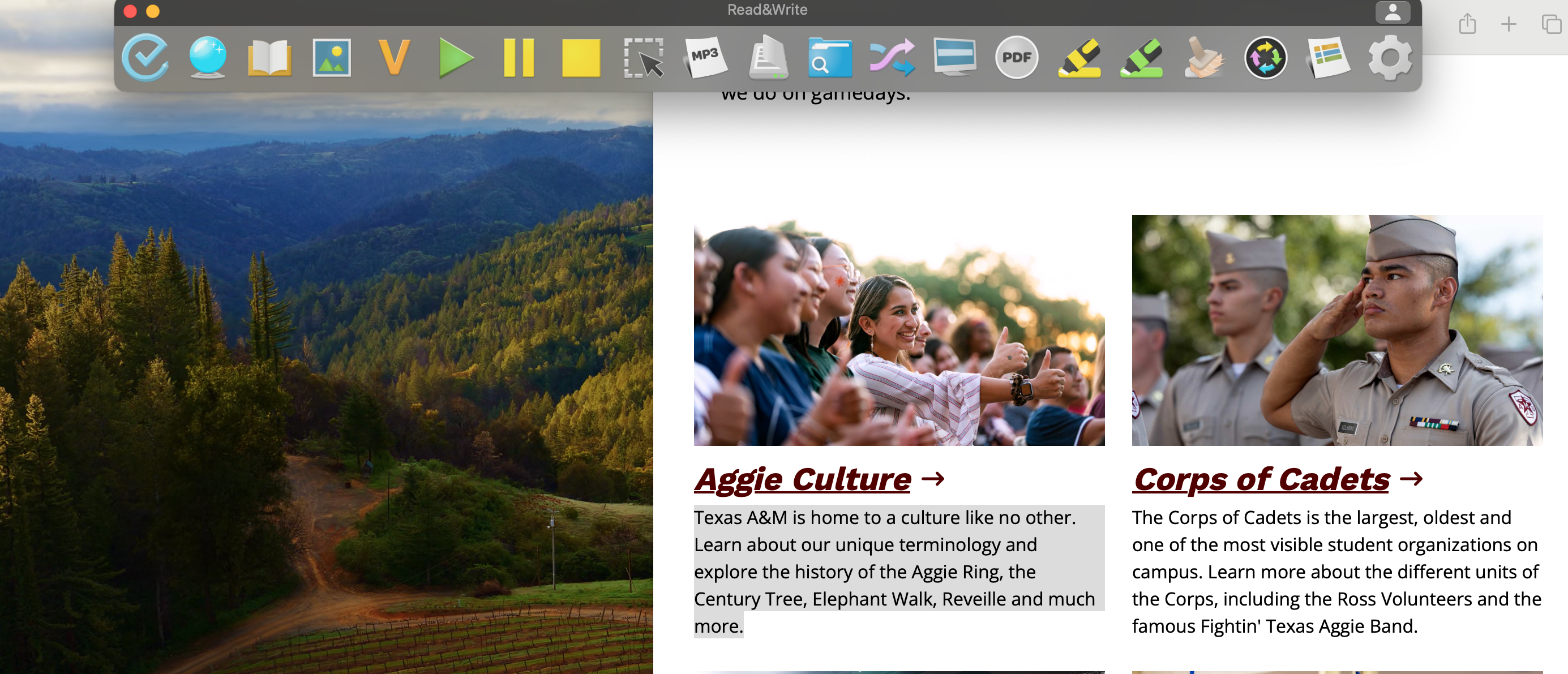 A screen shot of Text highlighted ready to be read aloud. The Screenshot reader function is on the bar across top near the middle with the pause and play button to the left.