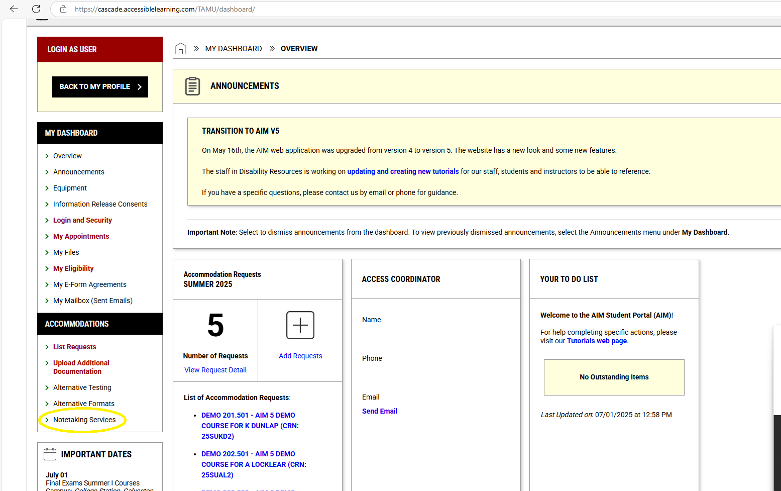Screenshot of Aim portal with circled Notetaking Services button under the accommodations tab on the lefthand side of the screen. 