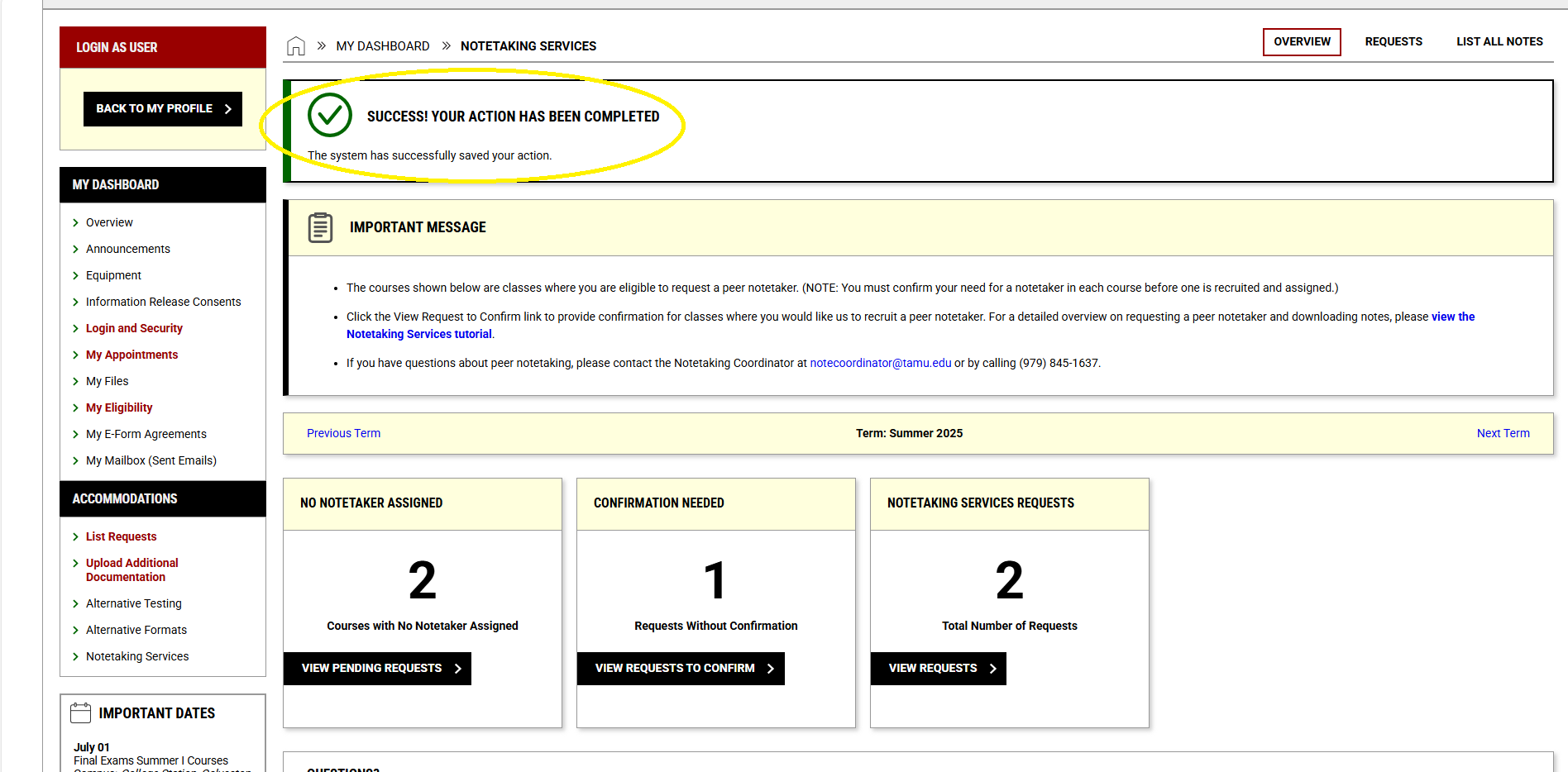 Screenshot of the circled confirmation note at the top of the "Notetaking Services" page. 