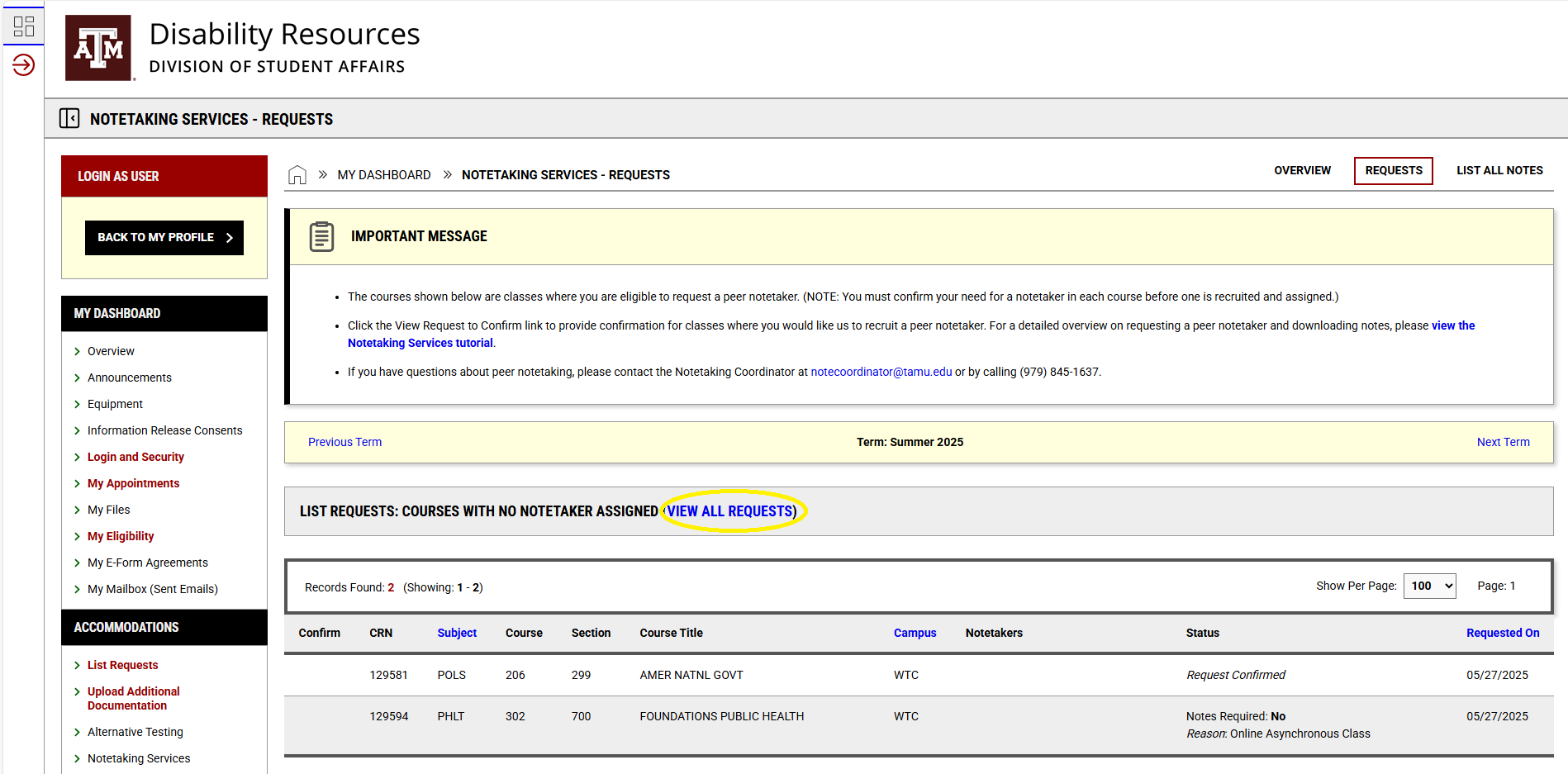 Screenshot of "Notetaking Services - Requests" page in the AIM portal with the circled "View all Requests" link next to the "List Requests: courses with no notetaker assigned" tab. 