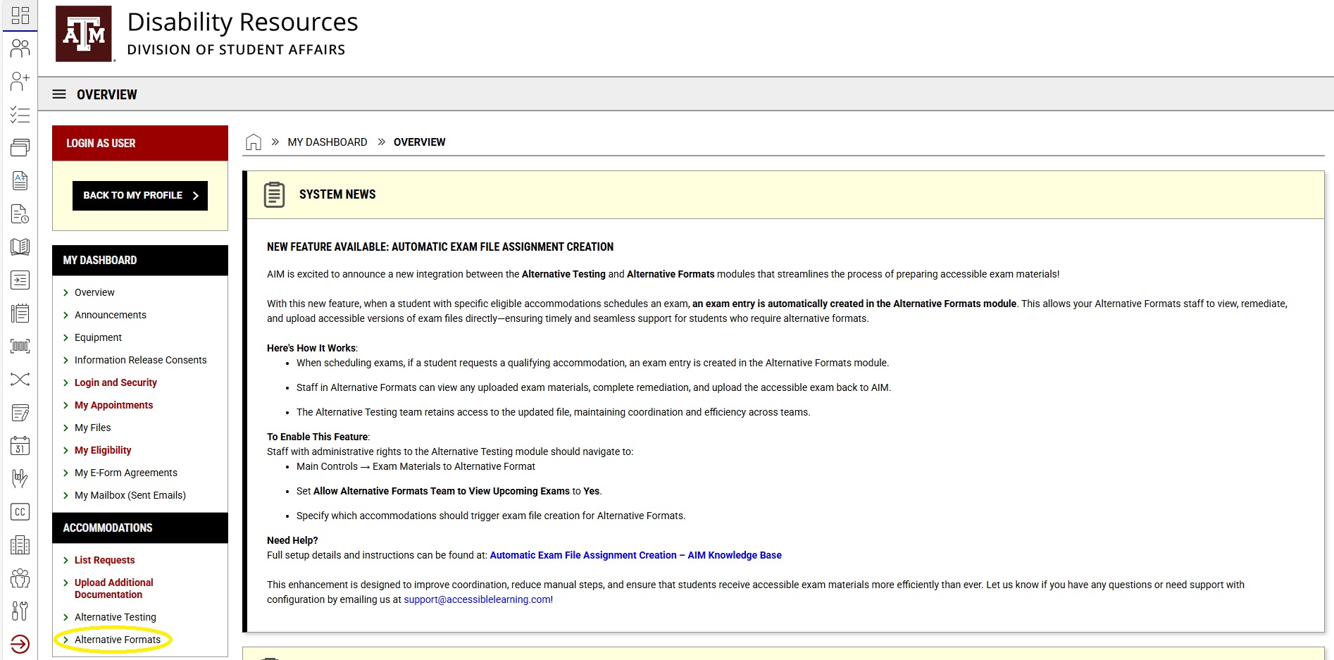 Screenshot of the circled Alternative Formats link located at bottom left side of the initial AIM portal page. 
