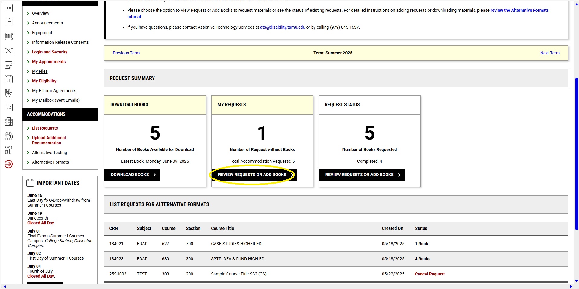 Screenshot of the Review Request or Add books button under the My Requests tab located in middle of the Alternative Formats page.