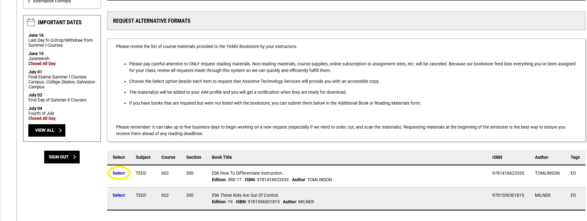 Screenshot of the circled select button located at the bottom of the Request Alternative Formats page.