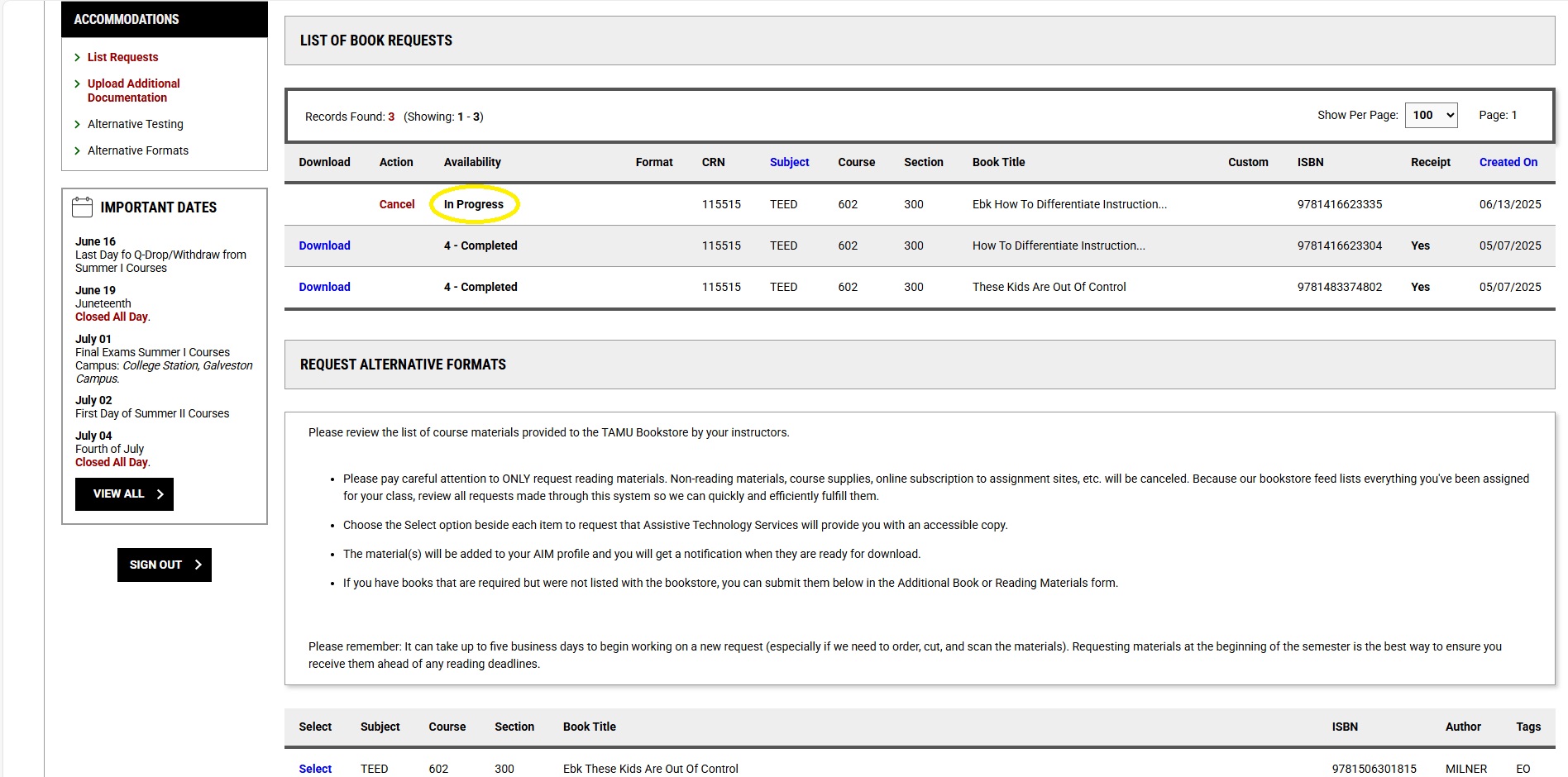 Screenshot of the Lists of Book Requests Page with a circle around the in-progress status under the availability column.