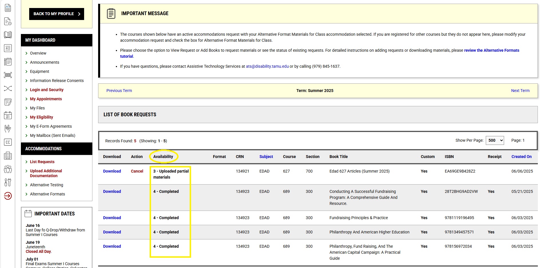 Screenshot of the circled availability column under the List of Book Requests page