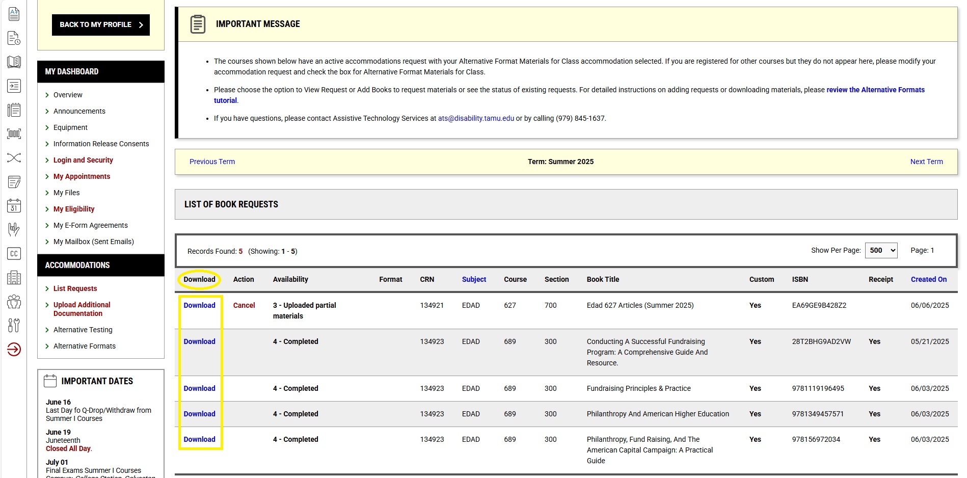 Screenshot of circled download column under the List of Book Request page.
