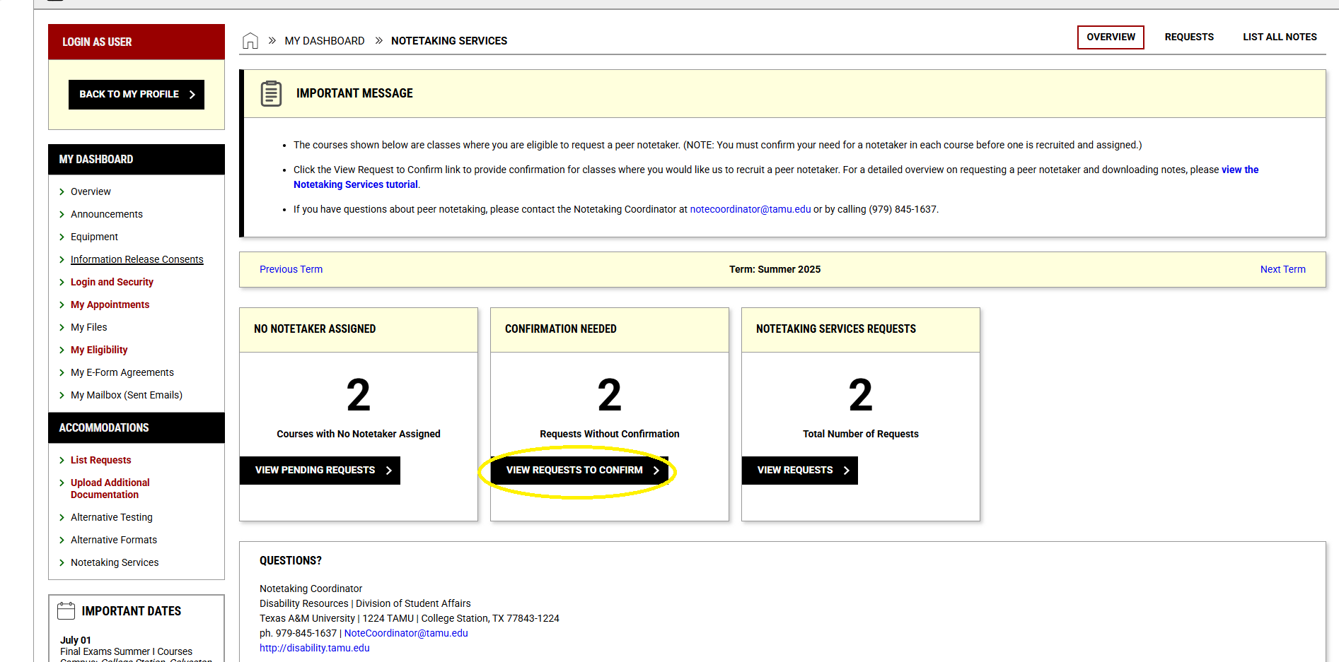 Screenshot of Notetaking services page on the AIM portal with circled "View Pending Request" button under the "No Notetaker Assigned" tab. 