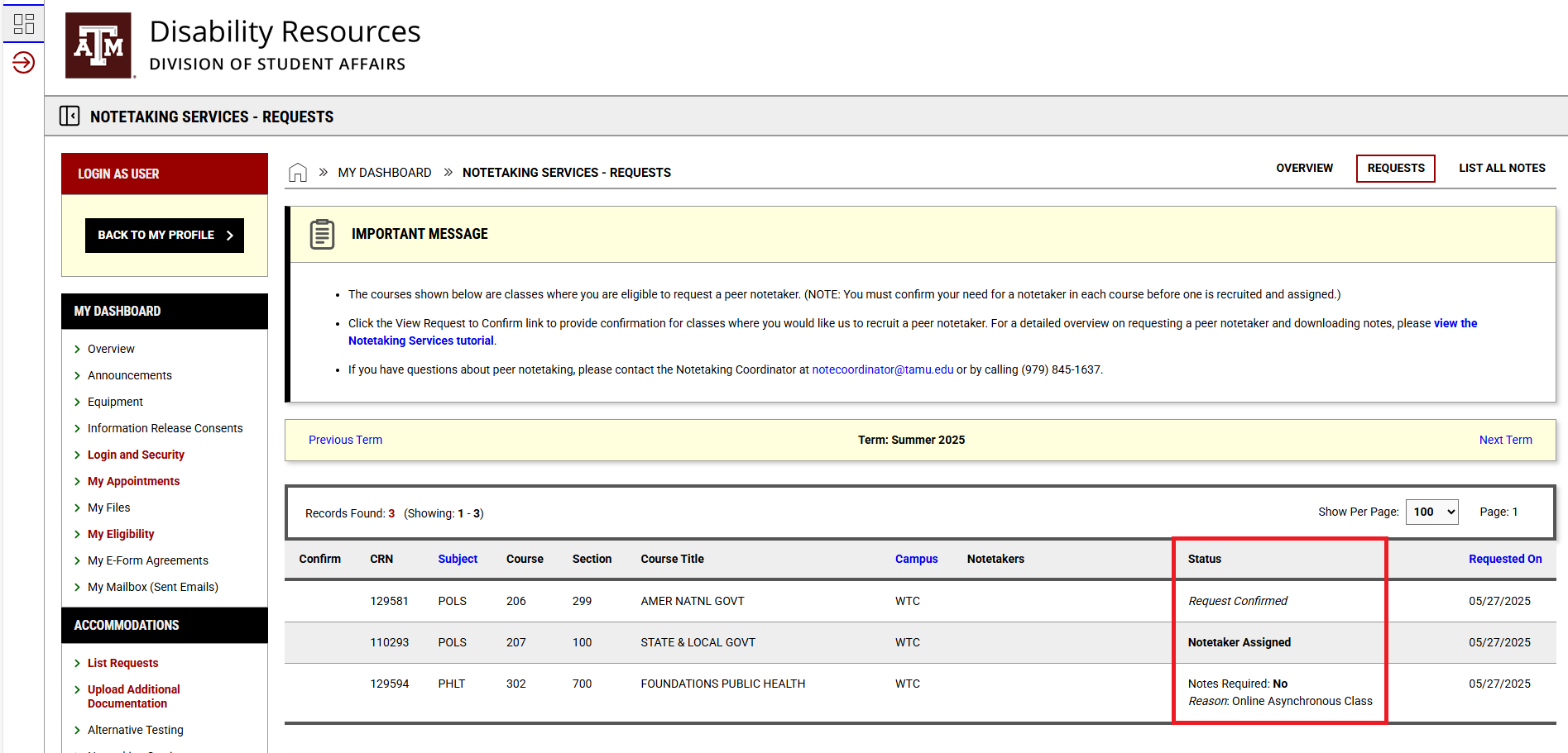 Screenshot of "Notetaking Services - Requests" page with circled "status" column. 