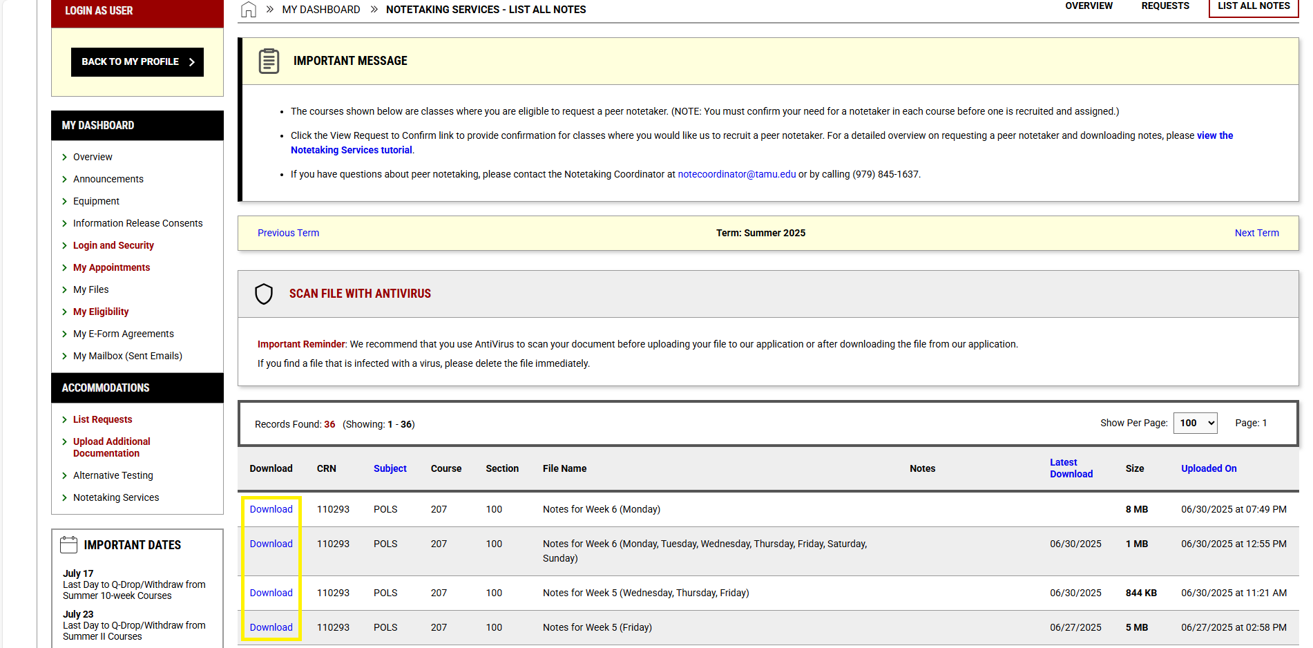 Screenshot of the "Notetaking Services - List of All notes" page with the circled "download" column on the bottom left-hand side of the screen. 