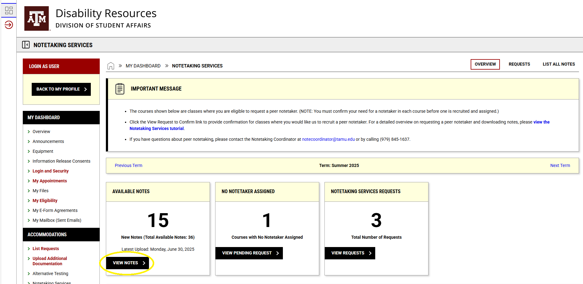 Screenshot of Notetaking services page in the AIM portal with the "view notes" button circled under the "available notes tab". 
